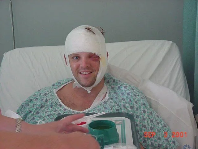 Stephen Calhoun recovering in a hospital after his 2001 bicycle accident