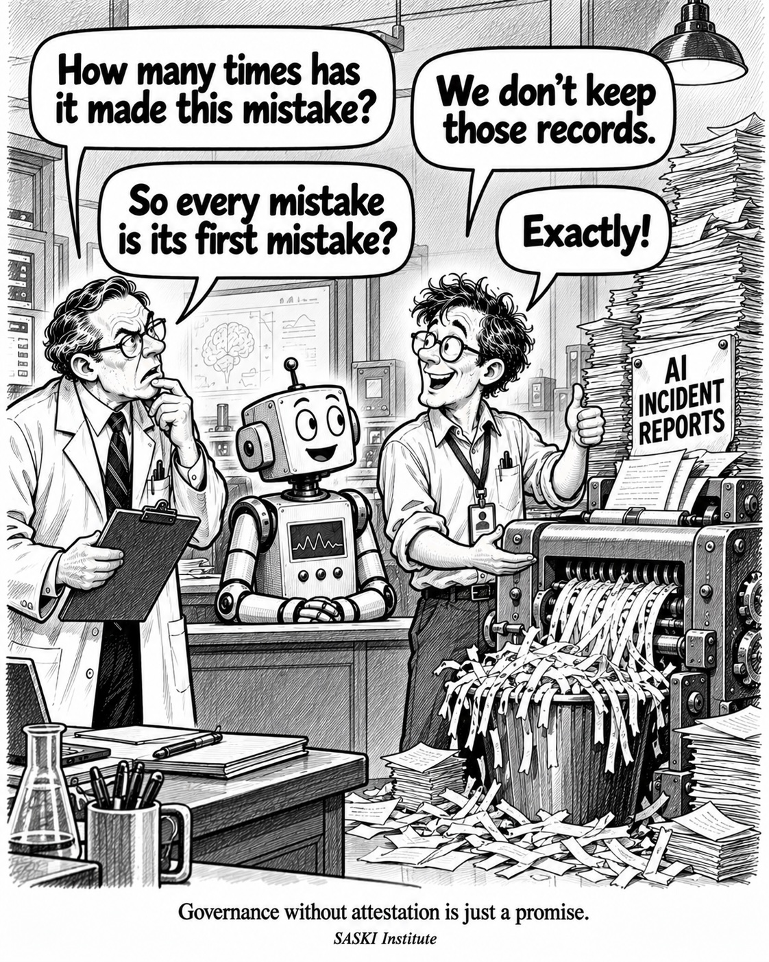 An illustration in which AI incident reports are being shredded while a reviewer asks how many times the system made the same mistake