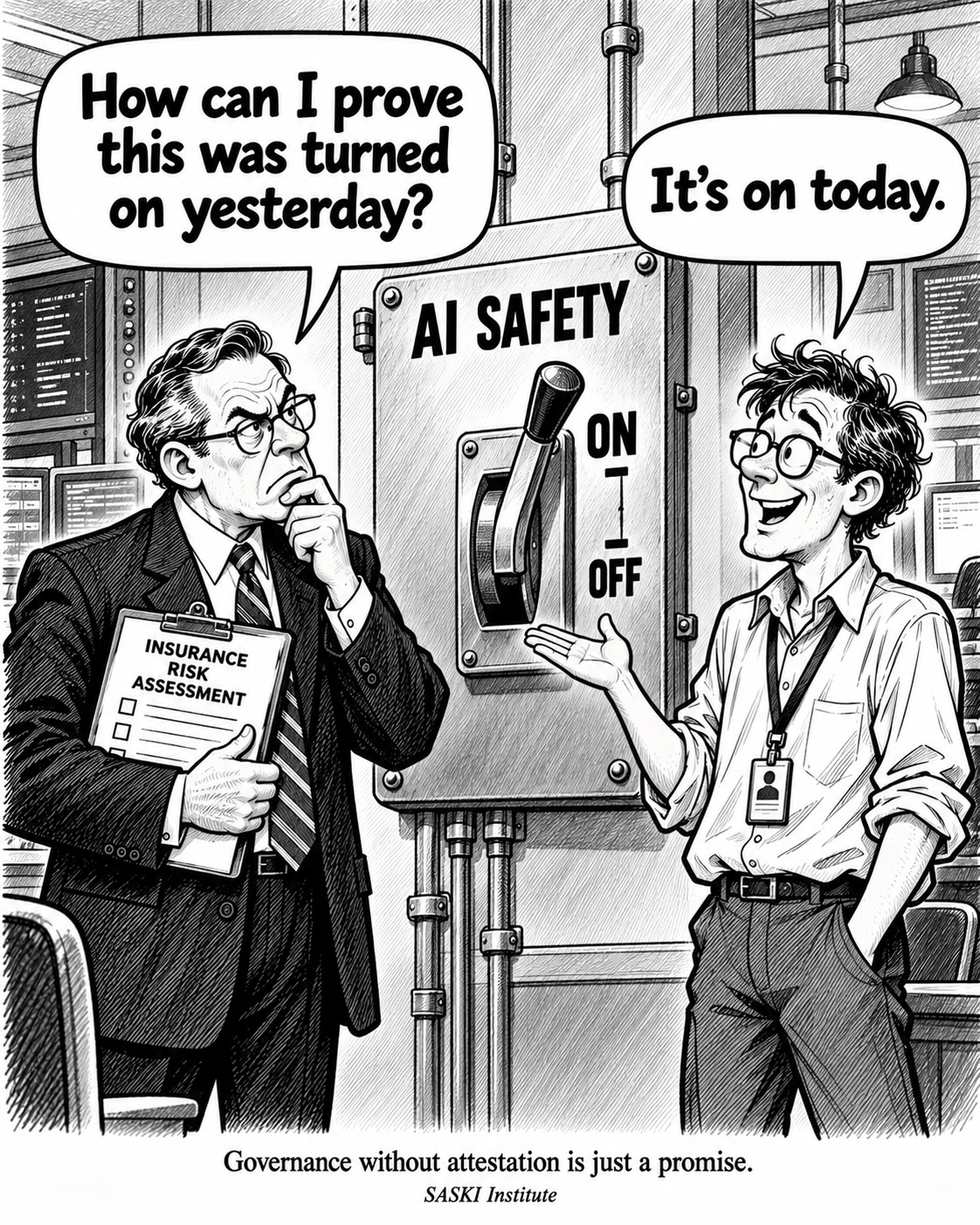 An illustration in which an insurance reviewer asks how a company can prove its AI safety control was enabled yesterday