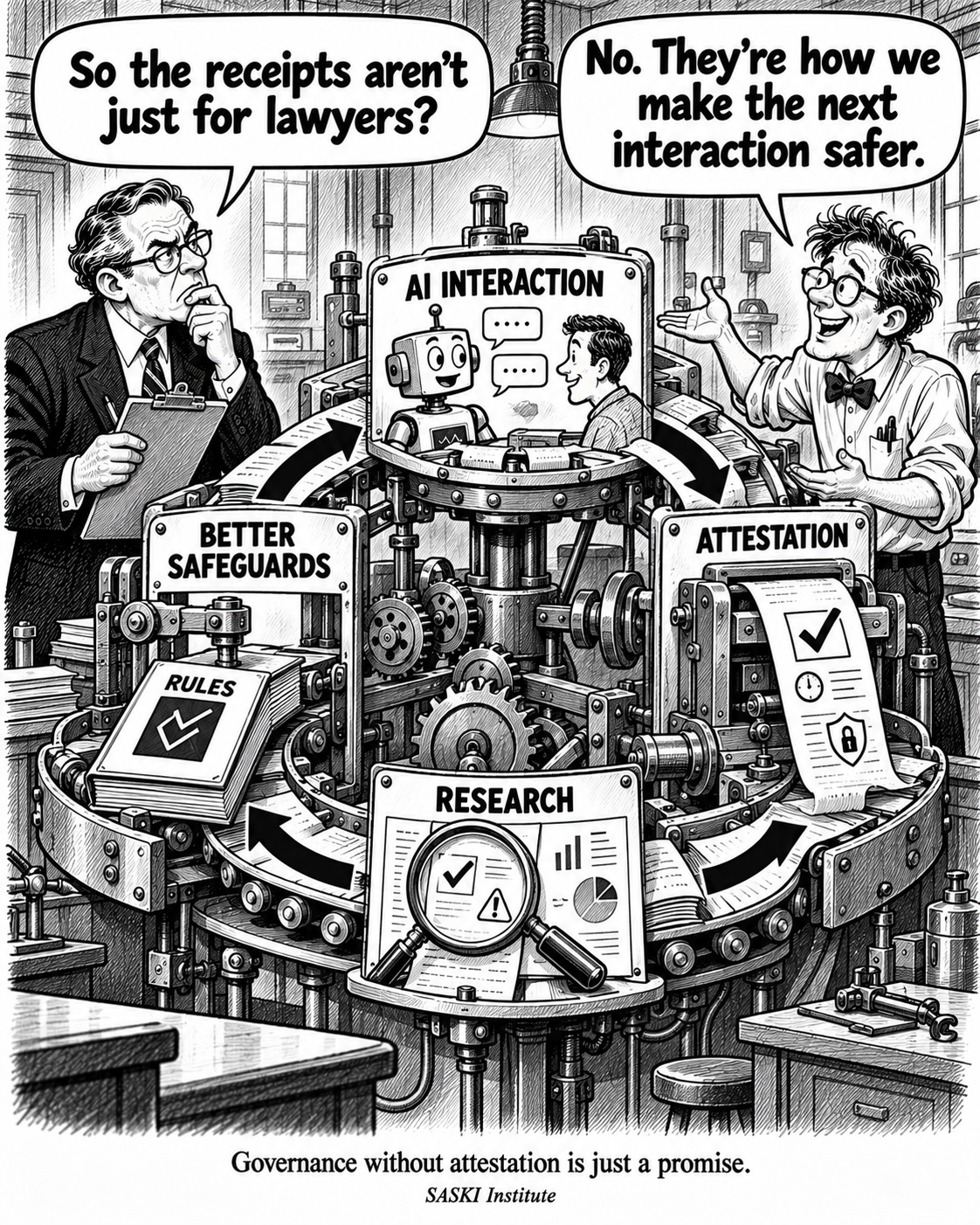An illustration showing AI interactions, attestation, research, and improved safeguards moving through a continuous safety workflow
