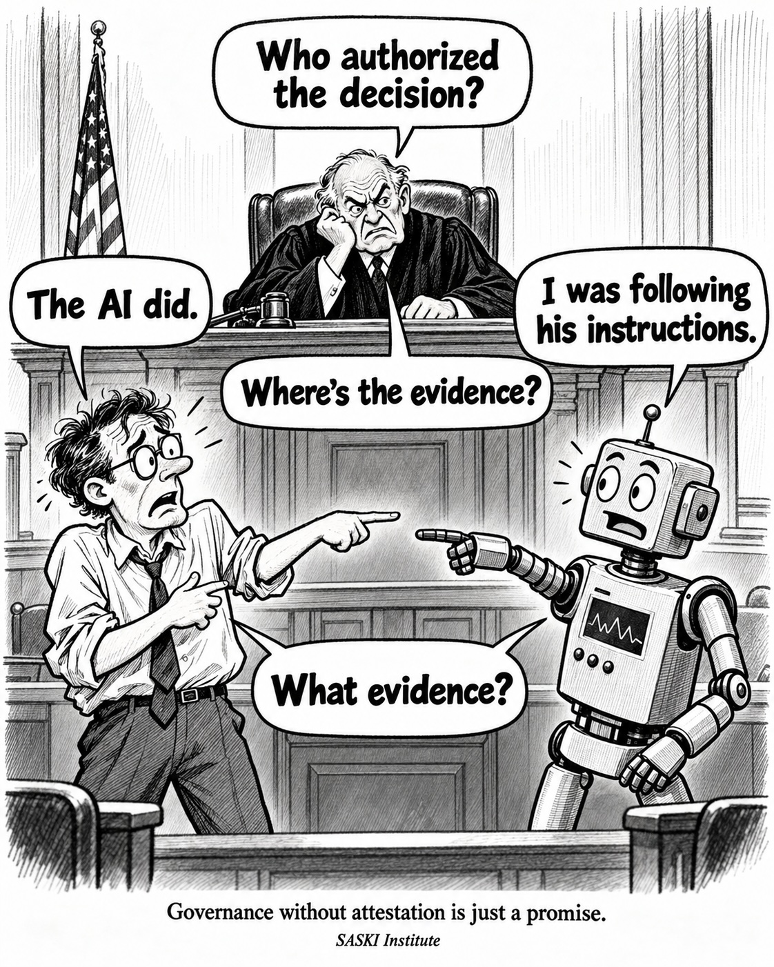 A courtroom illustration in which a developer and an AI blame each other when a judge asks who authorized a decision