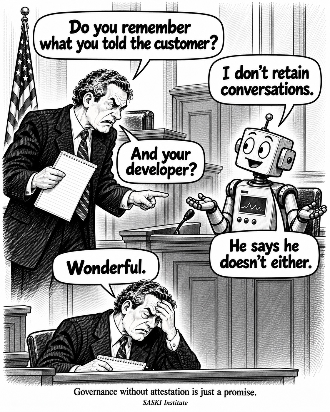 A courtroom illustration in which an AI says it does not retain conversations and its developer does not remember them either