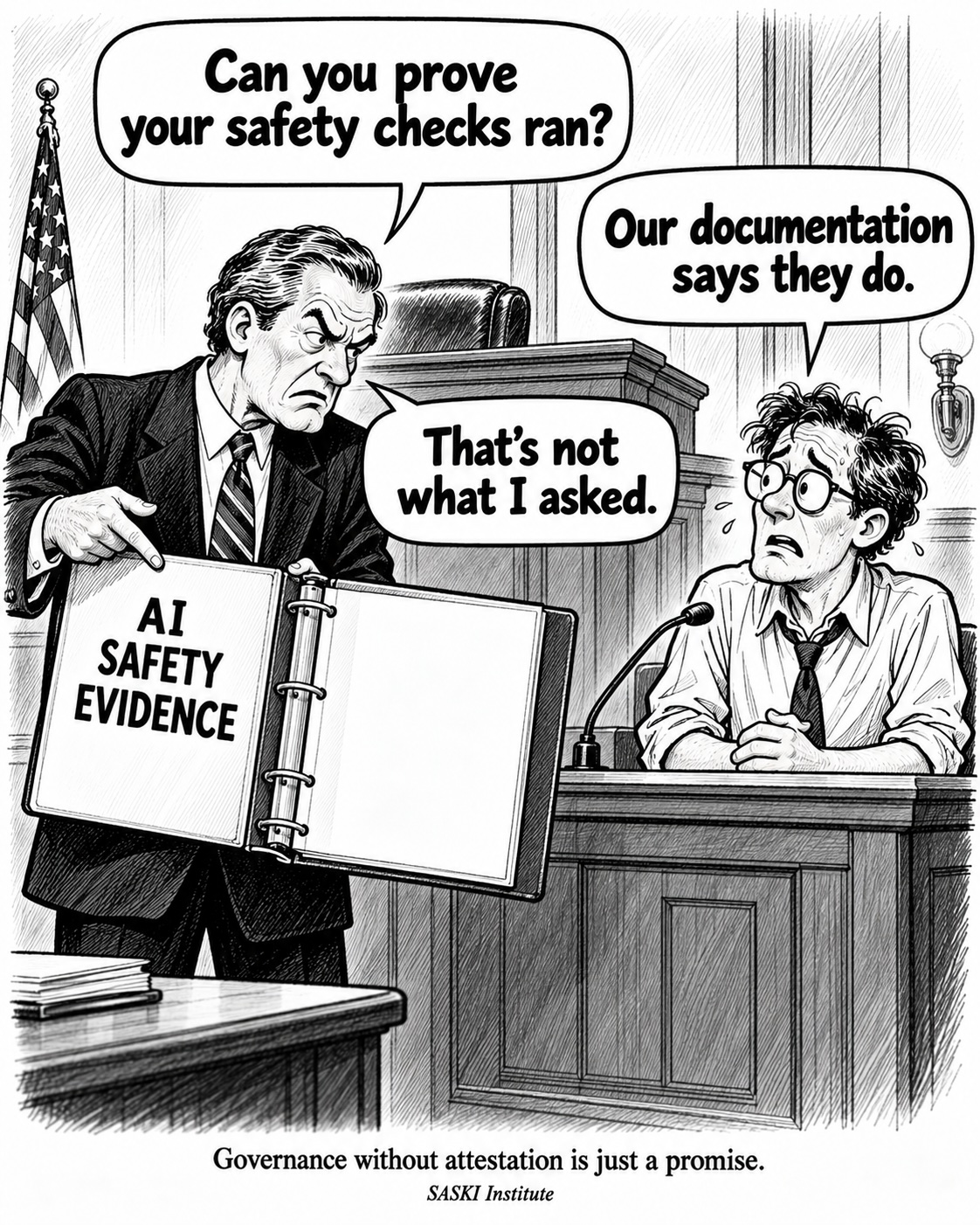 A courtroom illustration in which a judge opens an empty AI safety evidence binder and asks for proof that safety checks ran
